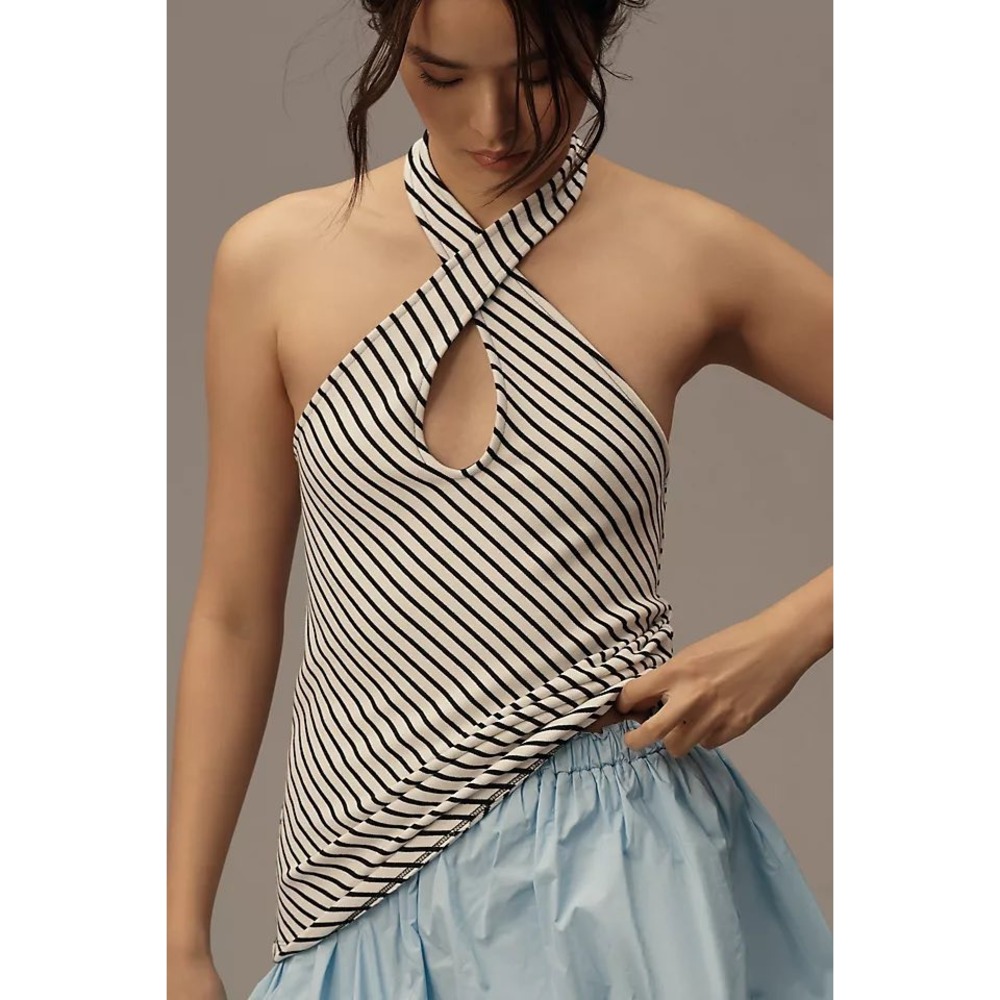 Maeve Anthropologie Striped Halter Top Cross Front Keyhole Black White XL NEW